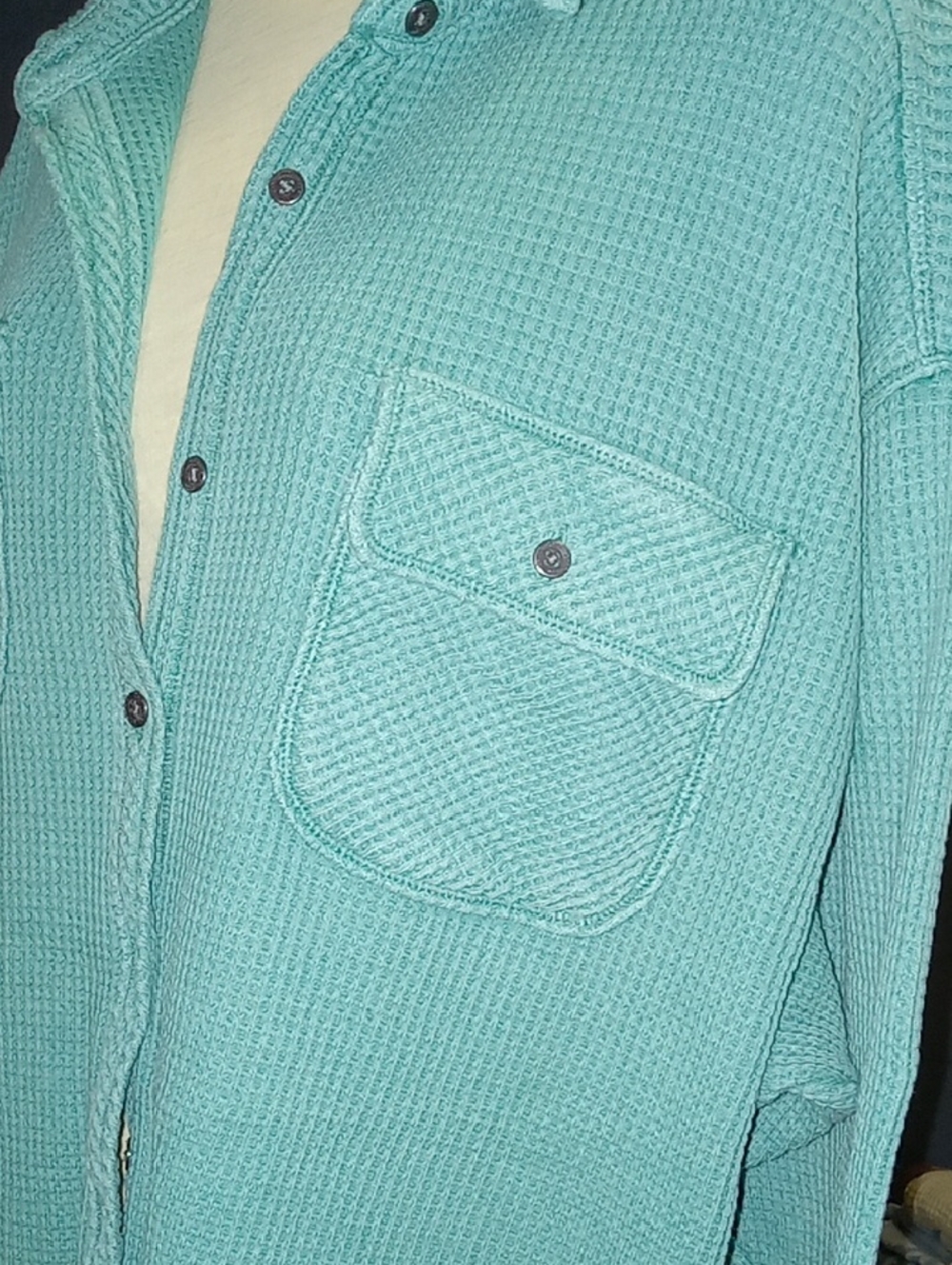 aerie Green Waffle Knit Button-Front Shirt - Picture 5 of 7